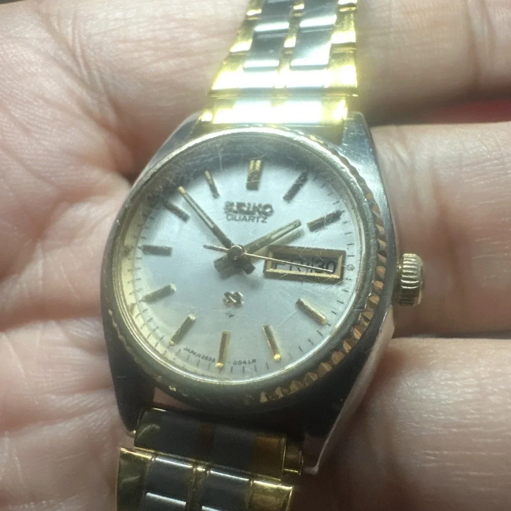 Works VTG Seiko SQ Ladies watch Date Two Tone Quartz New Battery 24mm Fit 6.5in